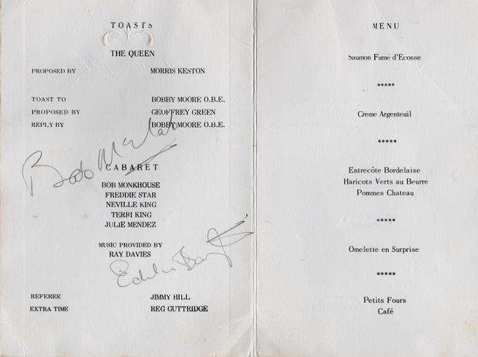 Bobby-Moore-autograph-signed-football-memorabilia-tribute-dinner-menu-Hilton-1970-Geoff-Hurst-Jimmy-Greaves-1966-world-cup-west-ham-utd-england-captain