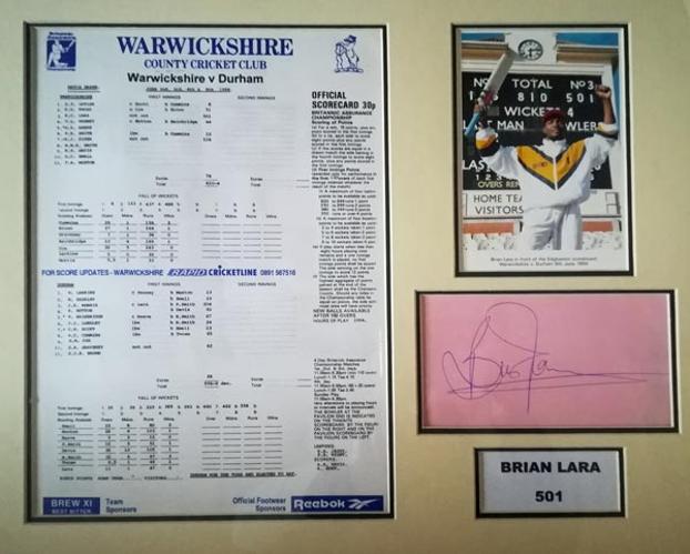Brian-Lara-autograph-signed-501-runs-world-record-display-warwickshire-warks-ccc-west-indies-cricket-memorabilia-1994-scorecard