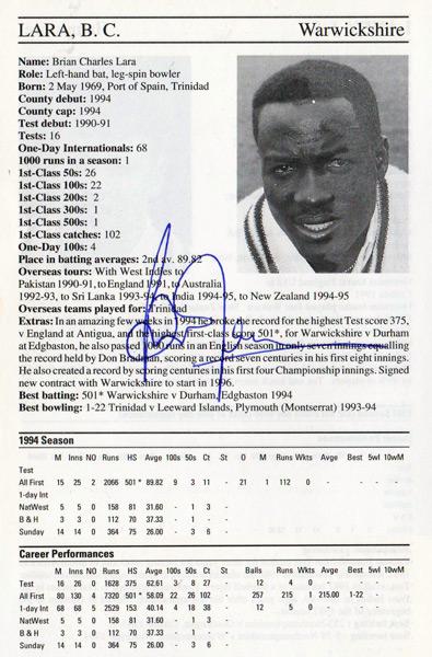 Brian-Lara-autograph-signed-west-indies-cricket-memorabilia-signature-warwickshire-warks-ccc-batsman-captain-1995-county-cricketers-whos-who-375-501-runs