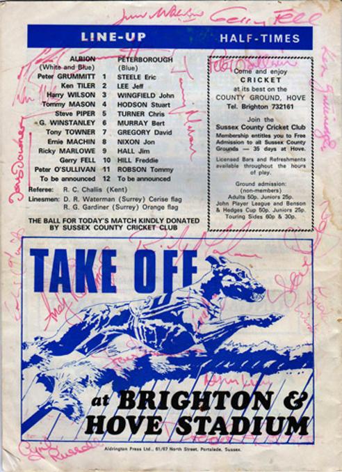 Brighton-Hove-Albion-Football-Memorabilia-signed-1975-programme-Peterborough-Seagulls-Albion-Review-squad-autographs-signatures-goldstone-ground-BHAFC