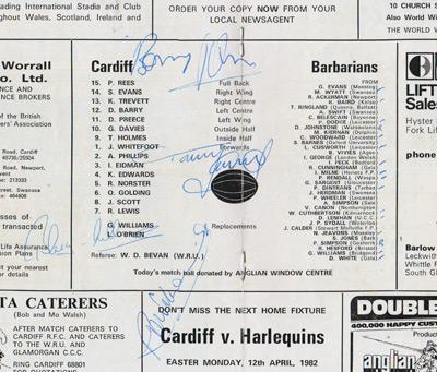 Cardiff-rugby-memorabilia-barbarians-programme-april-1982-barry-john-autograph-bleddyn-williams-tom-david-signature-john-scott-nigel-starmer-smith-wales-baa-baas