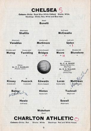 Charlton Athletic football memorabilia autograph signed programme 1962 Addicks Chelsea FC team photo autographed The Valley CAFC Mike Bailey Matthews