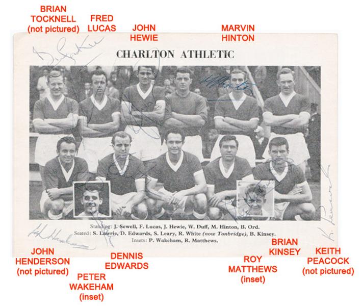 Charlton-Athletic-football-memorabilia-autograph-signed-programme-1962-Addicks-team-photo-autographed-The-Valley-CAFC-Hewie-Hinton-Kinsey-Keith-Peacock Fred Lucas