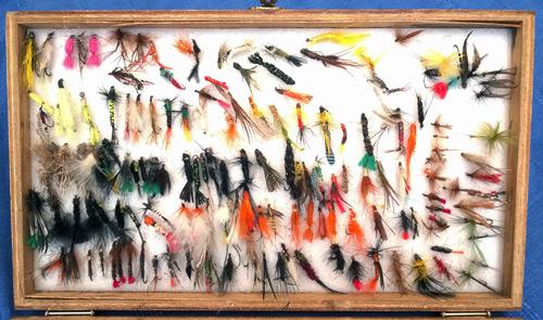 Cheney-fly-fishing-box-hand-tied-flies-angling-memorabilia-dry-wet-wooden-vintage-fisherman-angler-fish-sea-trout-salmon-grayling-river-lake-quality-hooks-dubbing-silk
