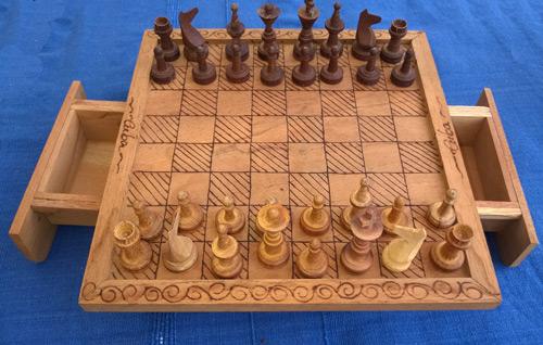 Chess-memorabilia-Board-pieces-table-drawers-cuba-wooden-hand-carved-folk-art-ethnic