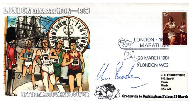 Chris-Brasher-autograph-memorabilia-signed-1981-London-Marathon-First-Day-Cover-FDC-Steeplechase-gold-medal-athletics-memorabilia-Bannister-Chataway-Limited-Edition
