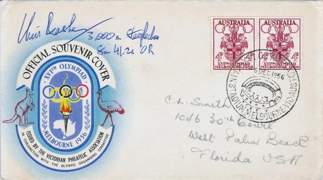 Chris Brasher autograph signed 1956 Melbourne Olympics First Day Cover FDC Steeplechase gold medal athletics memorabilia London Marathon Bannister