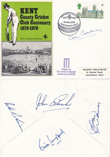 Colin-Cowdrey-autograph-signed-kent-cricket-memorabilia-100th-club-centenary-1870-1970-john-edrich-signature-peter-robinson-brian-langford-hylton-ackerman-first-day-cover-fdc