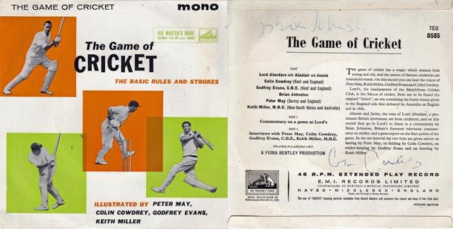 Colin-Cowdrey-autograph-signed-kent-cricket-memorabilia-game-of-cricket-rules-strokes-record-45-rpm-godfrey-evans-peter-may-brian-johnston