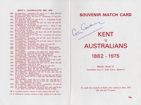 Colin-Cowdrey-memorabilia-Colin-Cowdrey-autograph-signed-Kent-cricket-memorabilia-Kent-v-Australia-scorecard-1975-St-Lawrence-Ground-Canterbury-Australians
