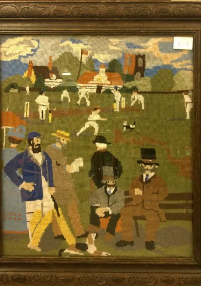 Cricket-memorabilia-victorian-tapestry-match-top-hats-dog-match-old-school-gentlemen-players-craft-framed-artwork-art