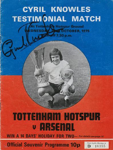 Cyril-Knowles-autograph-signed-Spurs-memorabilia-Testimonial-programme-cover-Tottenham-Hotspur-Arsenal-1975-signature