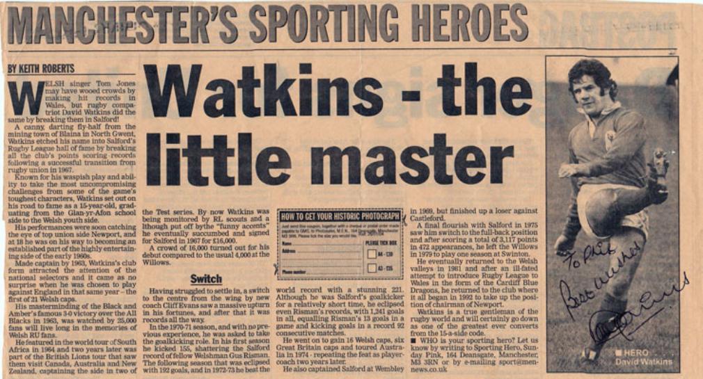 DAVID WATKINS memorabilia signed Rugby League newspaper article Salford Wales rugby league memorabilia union autograph