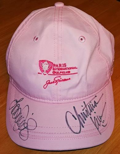 Dame-Laura-Davies-autograph-signed-adidas-golf-memorabilia-cap-christina-kim-paris-international-solheim-cup-pink-women-golfer-lpga