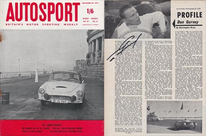 Dan-Gurney-autograph-signed-formula-one-memorabilia-autosport-magazine-1959-1967-Le-Mans-champion