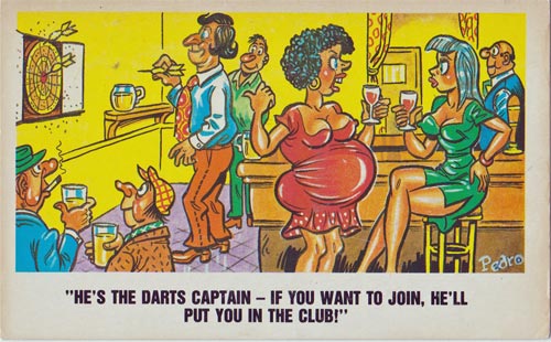 Darts-memorabilia-saucy-seaside-postcard-pedro-artist-cartoon-pregnant-club-pub-arrows