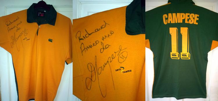 DAVID CAMPESE memorabilia (Australia) signed rugby jersey with Italian dedication rugby memorabilia autograph