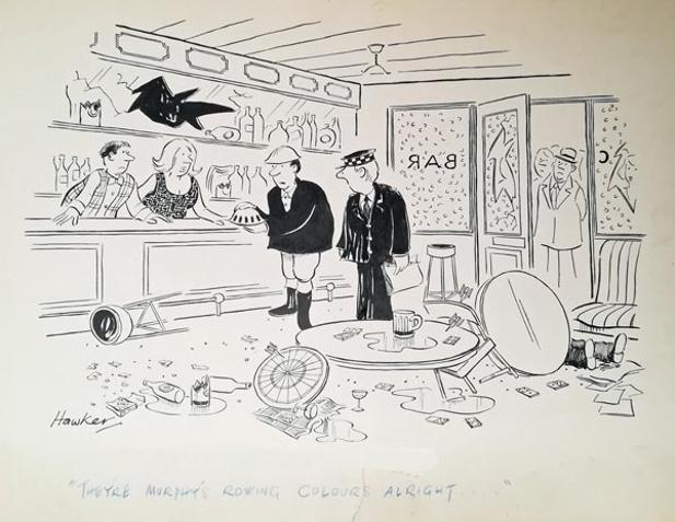 David-Hawker-cartoon-punch-magazine-artist-original-canvas-rowing-humour-Murphys-colours