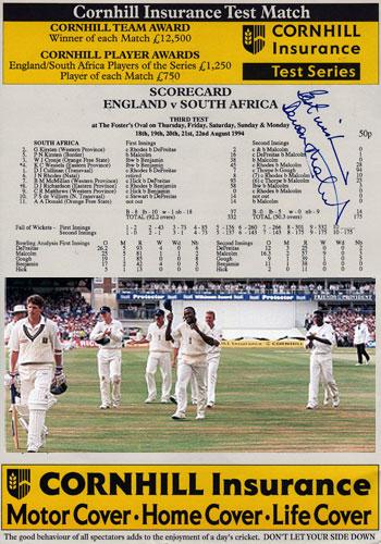 Devon-Malcolm-Derbys CCC England signed-9 for 57-Test Match cricket scorecard-v-South-Africa