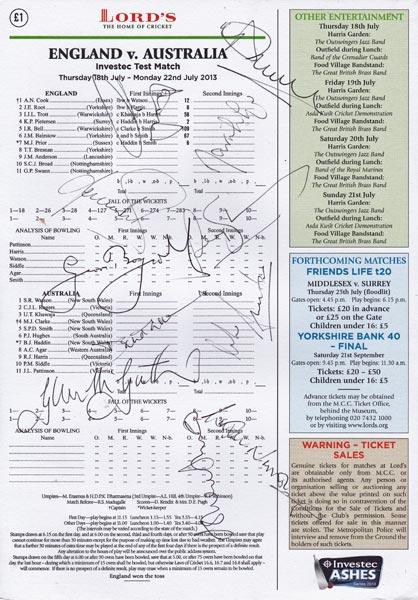 England-cricket-memorabilia-Australia-Ashes-lords-test-match-2013-sky-tv-tms-commentators-signed-scorecard