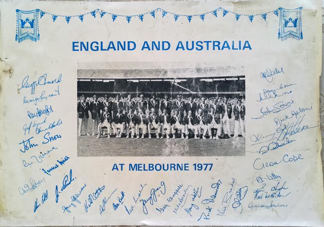 England-cricket-memorabilia-australia-ashes-1977-centenary-test-match-melbourne-squad-player-autographs-signed-team-photo-signatures-100-years