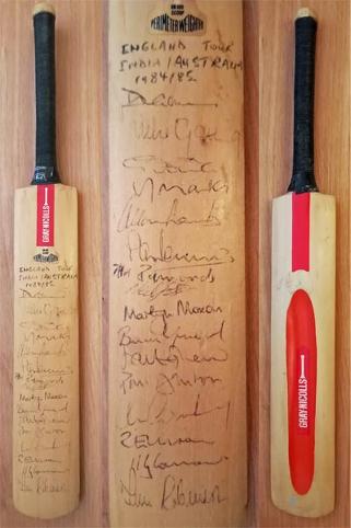 England-cricket-memorabilia-signed-1984-85-india-tour-gray-nicolls-mini-bat-scoop-david-gower-autograph-chris-cowdrey-allan-lamb-mike-gatting