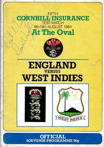 England-cricket-memorabilia-signed-1984-oval-fifth-test-match-programme-West-indies--Malcolm-Marshall-autograph--greenidge-gower