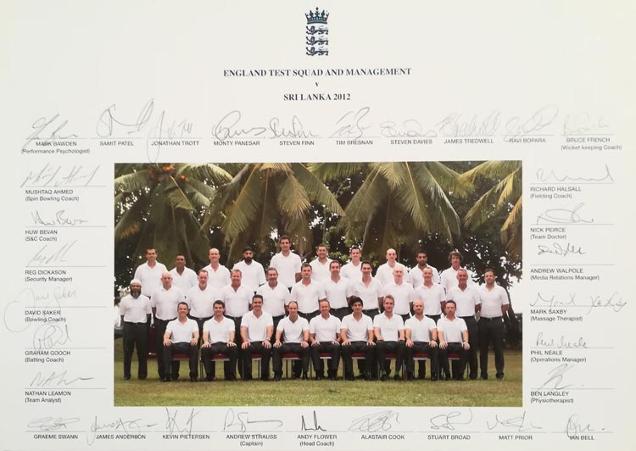 England-cricket-memorabilia-signed-squad-photo-team-2012-Sri-Lanka-tour-Test-match-Andrew-Strauss-autograph-Alastair-cook-Graeme-Swann-James-Anderson-Andy-Flower-Matt-Prior-Monty-Panesar
