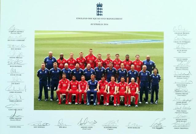 England-cricket-memorabilia-signed-squad-photo-team-2014-Ashes-Tour-Australia-odi-Alastair-Cook-autograph-Ben-Stokes-Joe-Root-Jos-Buttler-Eoin-morgan-staff