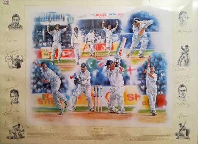 England-cricket-memorabilia-team-signed-2001-tour-poster-victorious-hick-hussain-autograph-thorpe-stewart-gough-signature