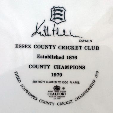 Essex-county-cricket-memorabilia-club-1979-schweppes-champions-commemorative-plate-limited-edition-coalport-porcelain-china-badge-keith-fletcher-signature