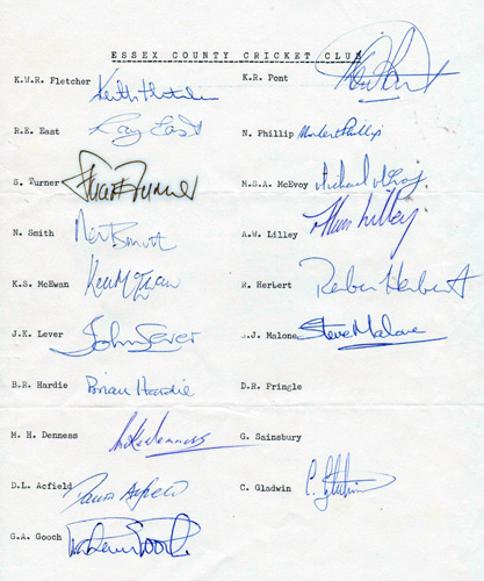 Essex-cricket-memorabilia signed team sheet Graham gooch autograph fletcher signed pont mcevoy mike denness mcewan signature