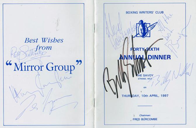 Frank-Bruno-autograph-signed-boxing-writers-club-annual-dinner-menu-1997-lloyd-honeyghan-memorabilia-billy-walker-schwer-harry-carpenter-reg-gutteridge-des-lynam