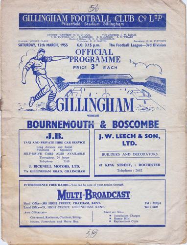 GILLINGHAM-FC-football-memorabilia-programme-1955-Bournemouth-The-Gills