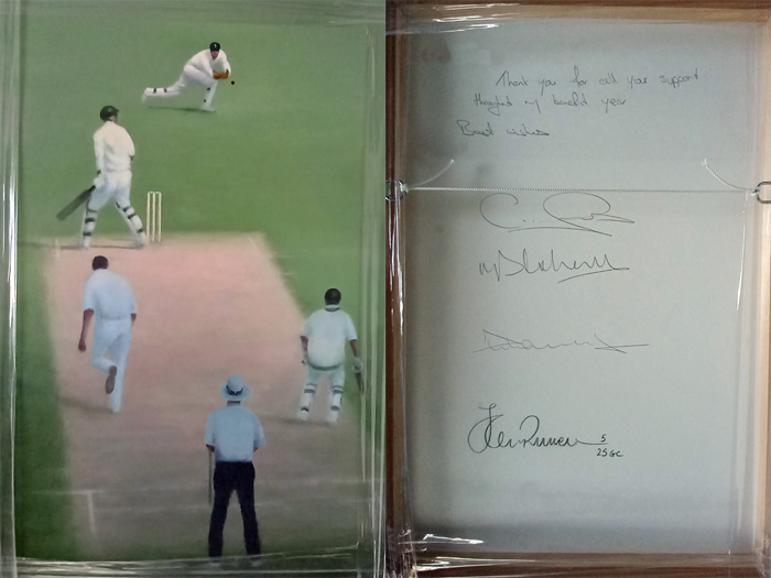 Geraint-jones-signed-jack-russell-artist-painting-print-2005-ashes-edgbaston-catch-kasprowicz-harmison-vaughan-england-kent-cricket