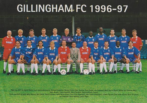 Gillingham-Football-memorabilia-signed-1996-1997-team-photo-tony-pulis-autograph-The-Gills-Priestfield-Stadium-FC-soccer-memorabilia-paul-scally