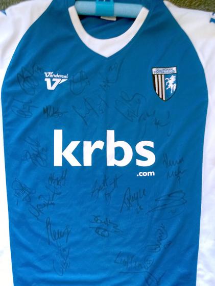 Gillingham-football-memorabilia-signed-Gills-club-blue-shirt-autograph