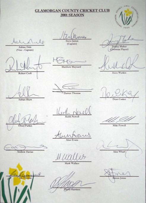 Glamorgan-cricket-memorabilia-signed-team-sheet-Jimmy-Maher-autograph--autograph-Simon-Jones-Matthew-Maynard-Robert-Croft-2001-Dragons