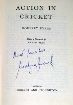 Godfrey-Evans-memorabilia-godfrey-evans-autograph-signed-autobiography-book-action-in-cricket-first-edition-kent-cricket-memorabilia-kccc-signature-1956