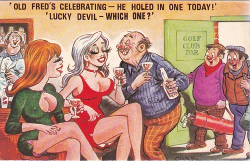 Golf-memorabilia-saucy-seaside-postcard-chas-artist-cartoon-club-clubhouse-bar-nineteenth-hole-19th-hole-in-one-buxom-beauty