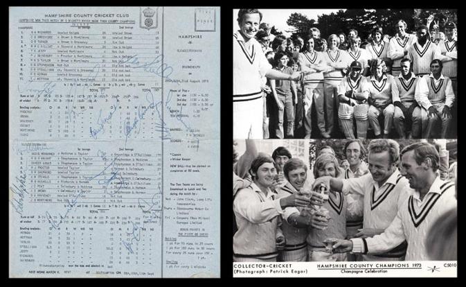 Hampshire-cricket-memorabilia-1973-county-champions-signed-scorecard-gloucs-barry-richards-autograph-gordon-greenidge-signature-hants-ccc