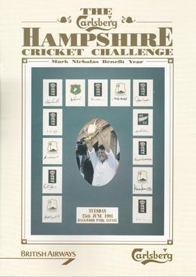 Hampshire-cricket-memorabilia-carlsberg-challenge-mark-nicholas-benefit-year-brochure-hackwood-park-1991-gents-v-players