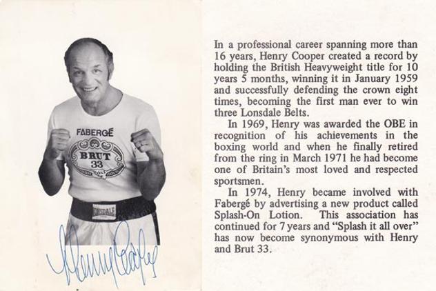 Henry-Cooper-autograph-signed-boxing-memorabilia-sir-faberge-brut-promotional-advert-postcard-heavyweight-champion-boxer-splash-it-all-over