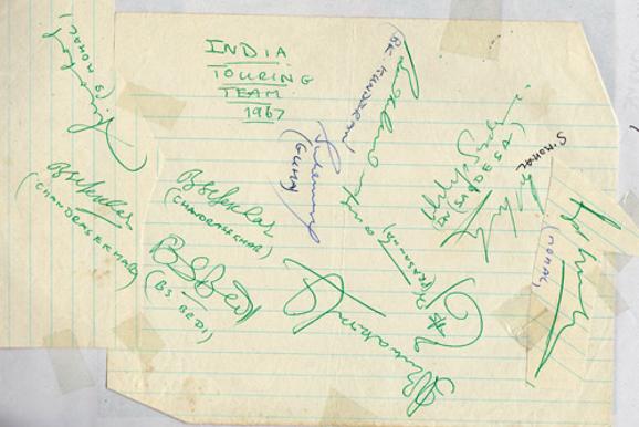 India-cricket-memorabilia-signed-1967-team-sheet-tour-squad-bishan-bedi-autograph-BS-Bhagwath-Chandrasekhar-chandra-EAS-Erapalli-Prasanna-spinners