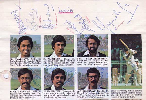 India-cricket-memorabilia-signed-team-sheet-kapil-dev-autograph-gavaskar-bedi-chandrasekhar-gaekwad-venkat-vishwantah-armanath-vengsarkar-chauhan-singh-reddy