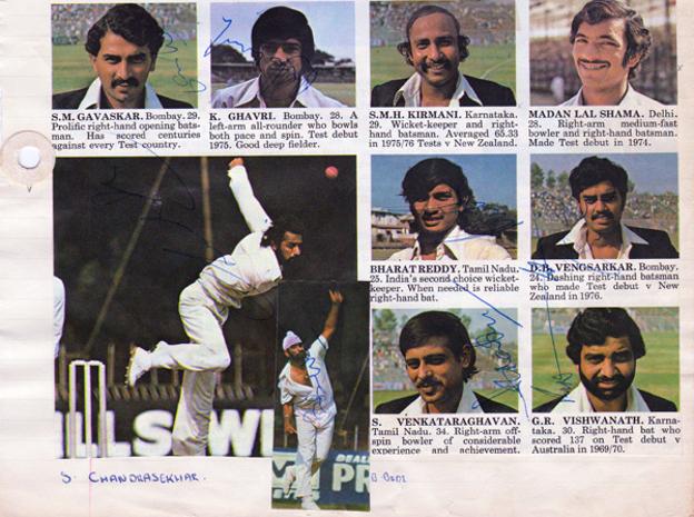 India-cricket-memorabilia-signed-team-sheet-kapil-dev-autograph-gavaskar-bedi-chandrasekhar-gaekwad-venkat-vishwantah-vengsarkar-chauhan-armanath-singh-reddy