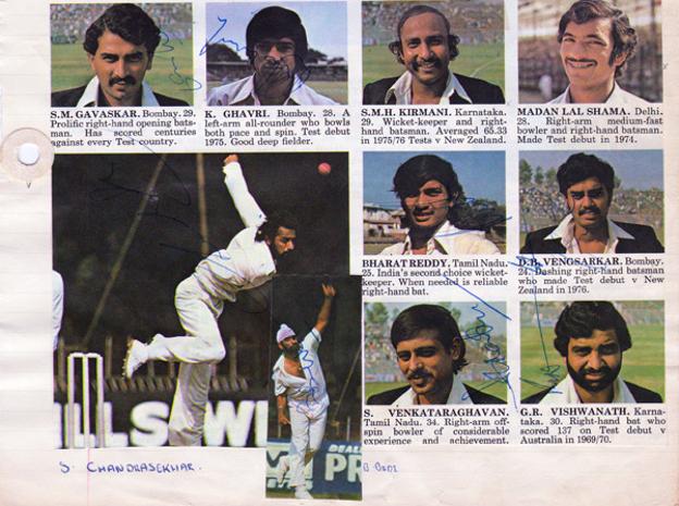 India-cricket-memorabilia-signed-team-sheet-kapil-dev-autograph-gavaskar-bedi-chandrasekhar-gaekwad-venkat-vishwantah-vengsarkar-chauhan-armanath-singh-reddy