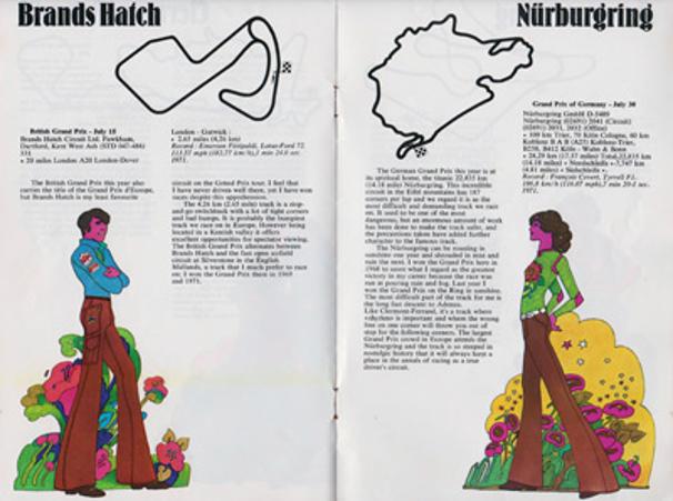 Jackie-Stewart-motor-racing-memorabilia-f1-wrangler-guide-to-Europes-grand-prix-circuits-formula-one-sir-commentary-brands-hatch-monaco-monza-nurburgring