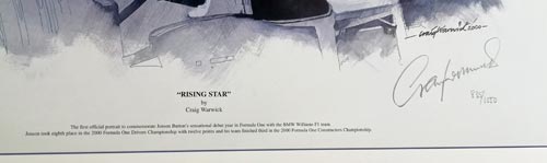 Jenson-Button-formular-one-motor-racing-memorabilia-BMW-Williams-poster-signed-artist-Craig-Warwick-Rising-Star--2000-f1