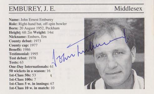 John-Emburey-autograph-signed-middlesex-cricket-memorabilia-signature-middx-ccc-embers-england-spinner-coach-1995-county-cricketers-whos-who